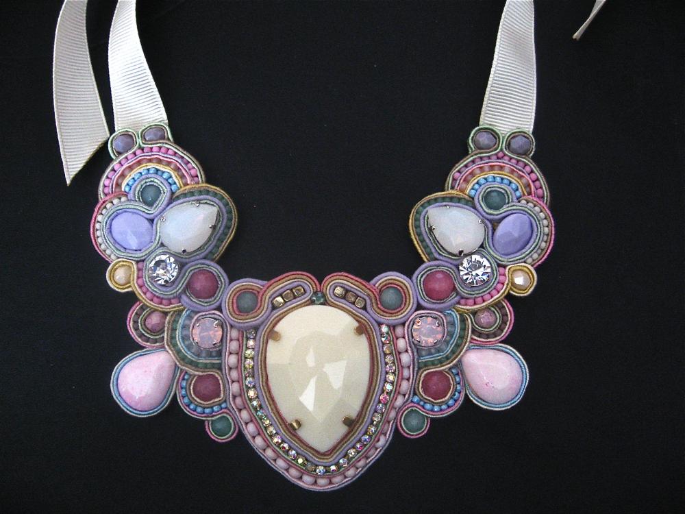 The One Soutache Statement Necklace In Ivory, Pastel Pink, Blue, Green, Lavender With Pink Rubies And Swarovski Crystals