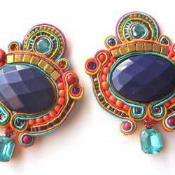  CAROUSEL soutache earrings in purple, orange, fuchsia and turquoise with Swarovski crystals rose montees and vintage charms